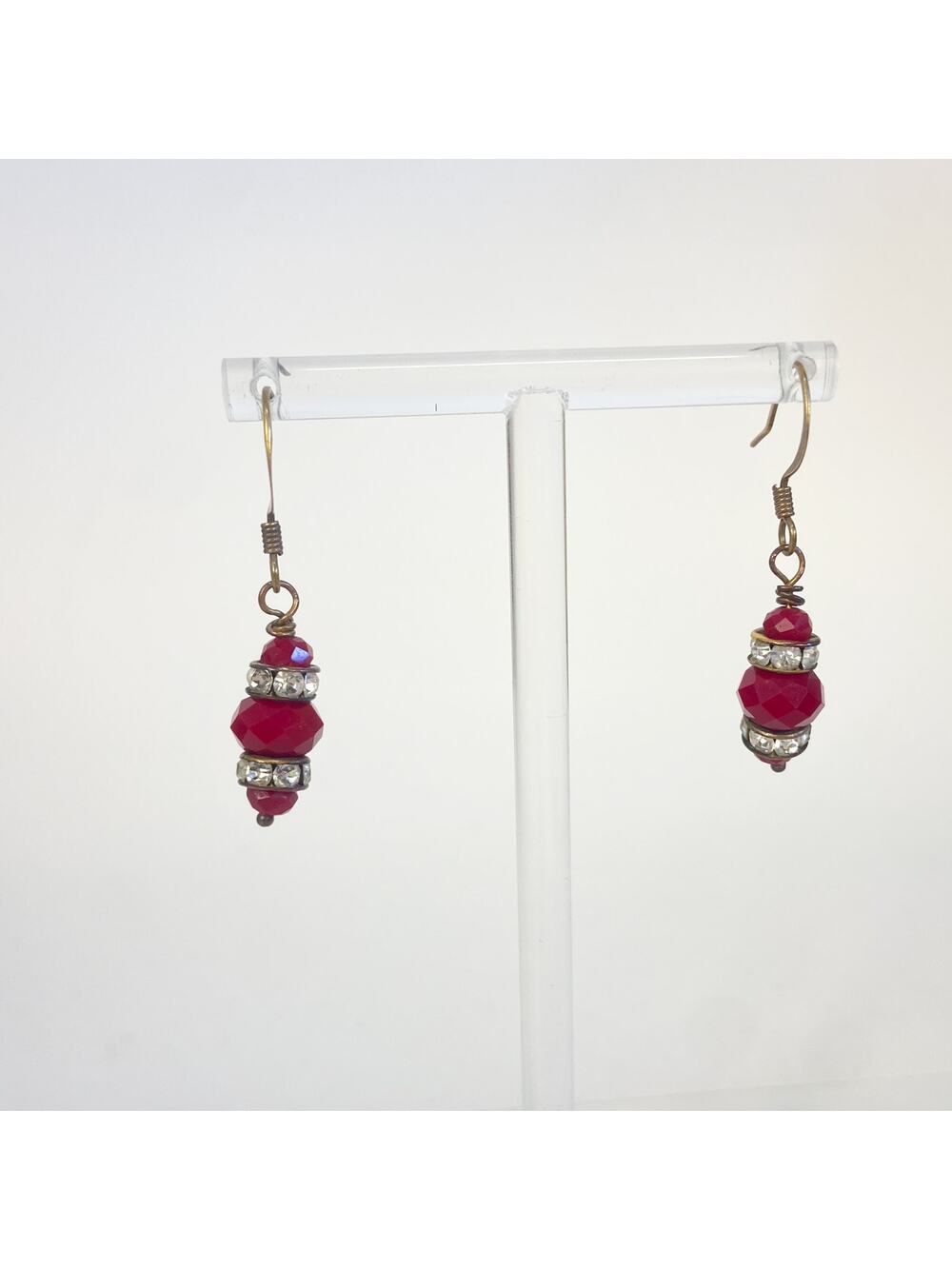 Red Earrings Dangly Red Bead and Rhinestone Gold Tone
